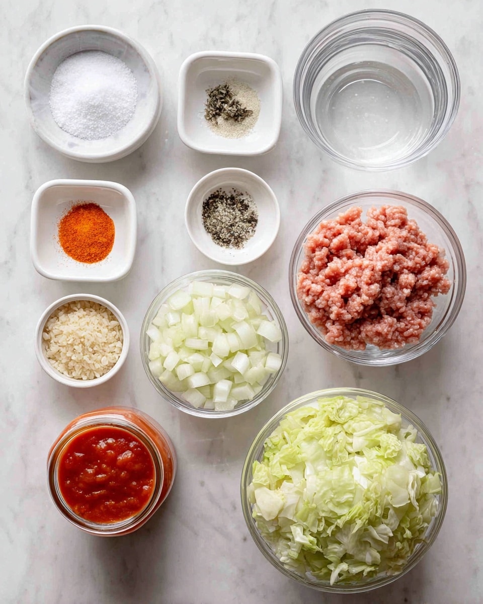 The image shows multiple clear glass bowls and small white dishes arranged on a white marbled surface. From top left, there is a small white dish with salt, below it a small white dish with black pepper, and below that a small white dish with an orange seasoning. To the right of the dishes, there is a bowl with raw ground meat that is pinkish red. Below this bowl is a bowl of uncooked light yellow rice. To the right of the rice bowl is a bowl filled with chopped white onions. Above the onion bowl is a bowl filled with water, and below it is an empty glass bowl. To the far right is a large bowl with pale yellow-green chopped cabbage. At the bottom left, there is an open can of tomato sauce with bright red contents and a partly open jar of crushed tomatoes. All the bowls and dishes sit neatly on the smooth white marbled surface photo taken with an iphone --ar 4:5 --v 7
