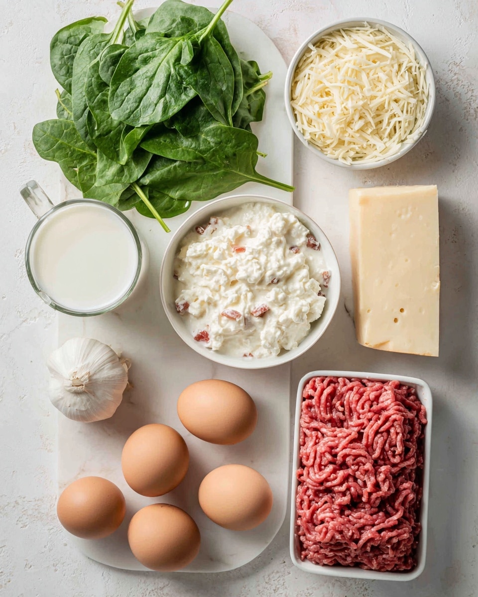 The image shows a white marbled surface with various ingredients neatly arranged in a single layer. On the left, fresh green spinach leaves with stems are placed. Next, there is a small white garlic bulb and a glass container with white milk. Above the milk is a small white bowl filled with a creamy mixture that looks like cottage cheese mixed with small red pieces. In the center-right, a block of pale yellow cheese and a small pile of shredded cheese are side by side. To the right, eight brown eggs are lined up in a row. At the bottom right, a white container holds raw ground meat with a reddish-pink color. The items are spaced evenly, creating a clean and organized look. Photo taken with an iphone --ar 4:5 --v 7