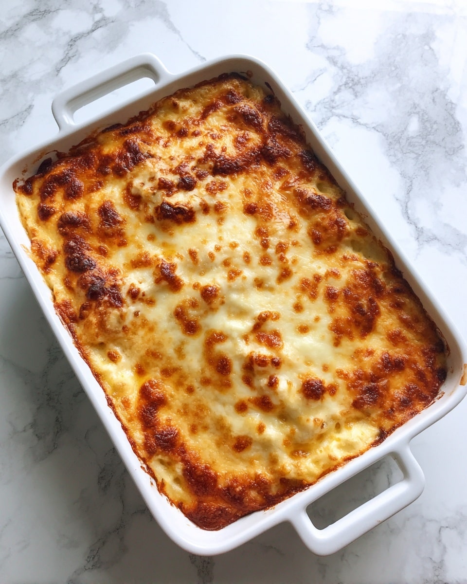 The image shows a baked casserole in a white rectangular dish with two handles. The casserole has one thick layer, golden brown and bubbly with browned spots on top. The surface looks slightly crispy and uneven, showing melted cheese with small browned bits scattered across. The dish is placed on a white marbled surface. Photo taken with an iphone --ar 4:5 --v 7