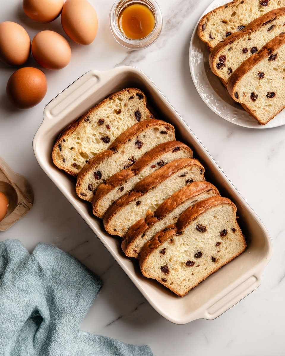 The image shows six slices of raisin bread arranged in two rows inside a white baking dish. The bread has a light brown crust and soft, light beige inside with dark raisins spread throughout. To the top right is a plate holding more slices of the same bread. On the left side, there are six brown eggs and a small container with a liquid ingredient, likely syrup or honey, placed on a white marbled surface. A cloth napkin in blue is slightly visible on the bottom right corner. The photo is taken from above, with bright natural light highlighting the textures and colors of the ingredients and utensils. photo taken with an iphone --ar 4:5 --v 7
