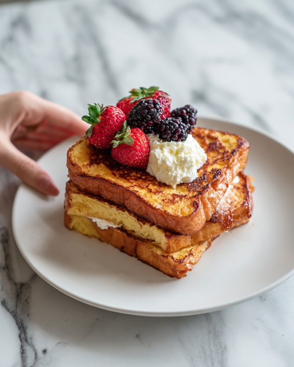 The image shows two layers of golden brown French toast stacked on a white plate with a white marbled surface in the background. On top of the toast, there are fresh red strawberry halves and dark blackberry clusters arranged in a small pile. A dollop of light beige cream or whipped topping sits on the berries, adding a soft texture contrast. The toast has a crispy texture with some darker spots, showing it is well toasted. A woman's hand is holding a piece of the French toast from the left side. Photo taken with an iphone --ar 4:5 --v 7