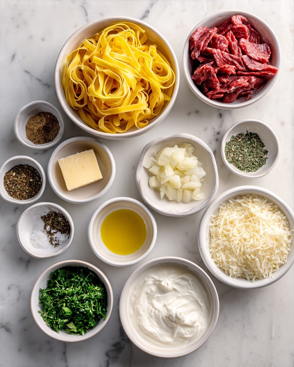The image shows eleven small white bowls arranged neatly on a white marbled surface, each containing different ingredients for cooking. At the top left, there is a bowl filled with yellow uncooked fettuccine pasta. To the right of it is a bowl with thin red strips of raw beef. Below that, there is a small amount of golden olive oil in a small container. Next to it, a bowl with small white chopped garlic pieces. A small square of pale yellow butter is in a separate container nearby. In the center, a bowl contains white cream or milk. At the bottom, there is grated Parmesan cheese in a bowl, and below it, chopped green parsley in another bowl. To the left, smaller bowls hold different spices including dried herbs, black pepper, and salt. The colors are bright and clear, with the ingredients well separated and easy to see. Photo taken with an iphone --ar 4:5 --v 7