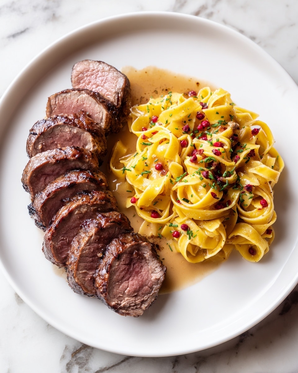 The image shows a white plate with two main parts. On the left side, there are several slices of dark brown cooked meat with a slightly crispy texture on the outside and juicy inside. The slices are placed in a fanned-out way. On the right side, there is a nest of yellow pasta, coated lightly with a smooth sauce, sprinkled with small red bits and chopped green herbs. Both the meat and pasta sit on a white marbled surface. Photo taken with an iphone --ar 4:5 --v 7