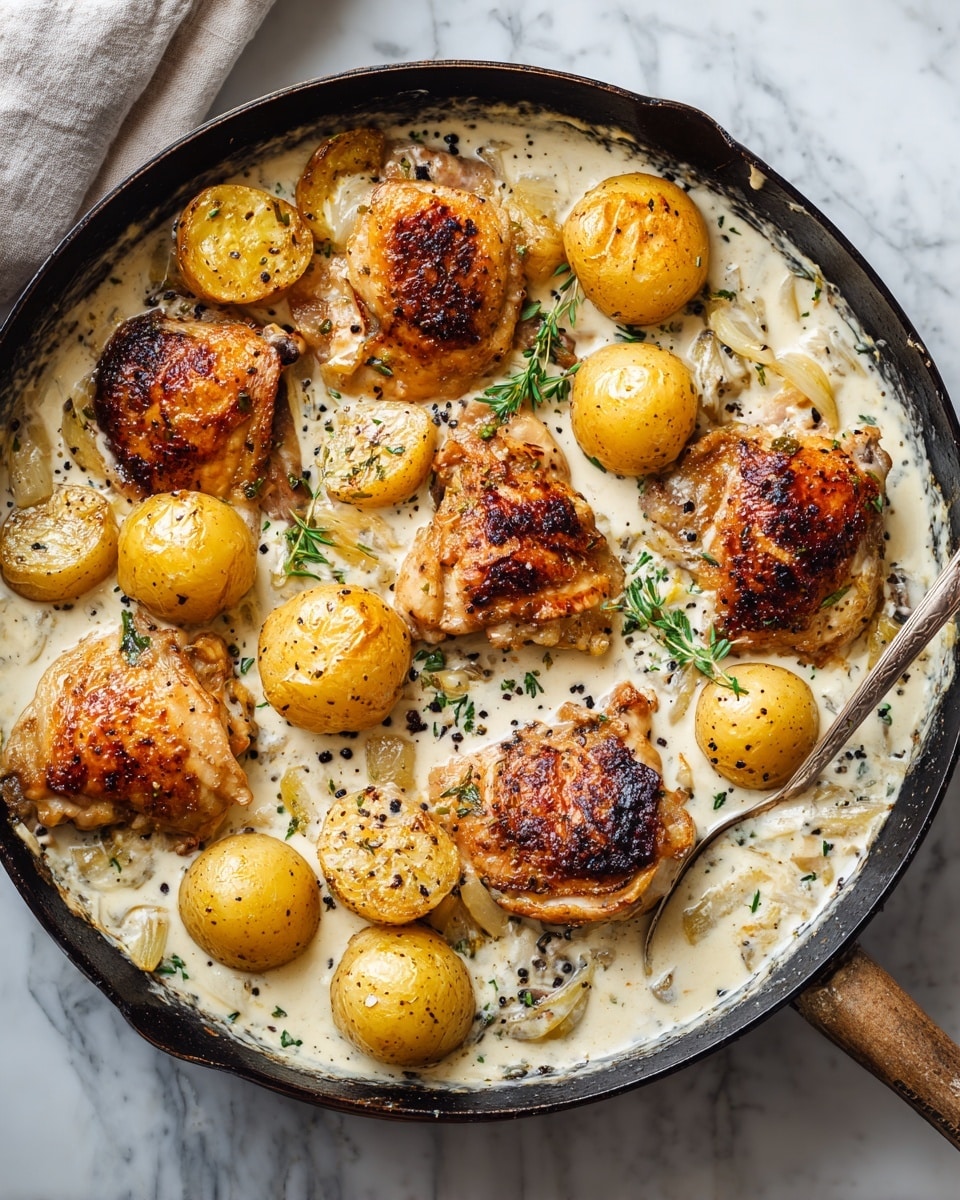 A skillet with dark browned cooked chicken pieces sitting in a thick creamy white sauce with visible black pepper specks, surrounded by several round roasted potatoes with golden-brown skins; the chicken pieces are on top, showing a crispy texture, while the sauce covers the pan's bottom and sides. The skillet is on a white marbled surface. Photo taken with an iphone --ar 4:5 --v 7
