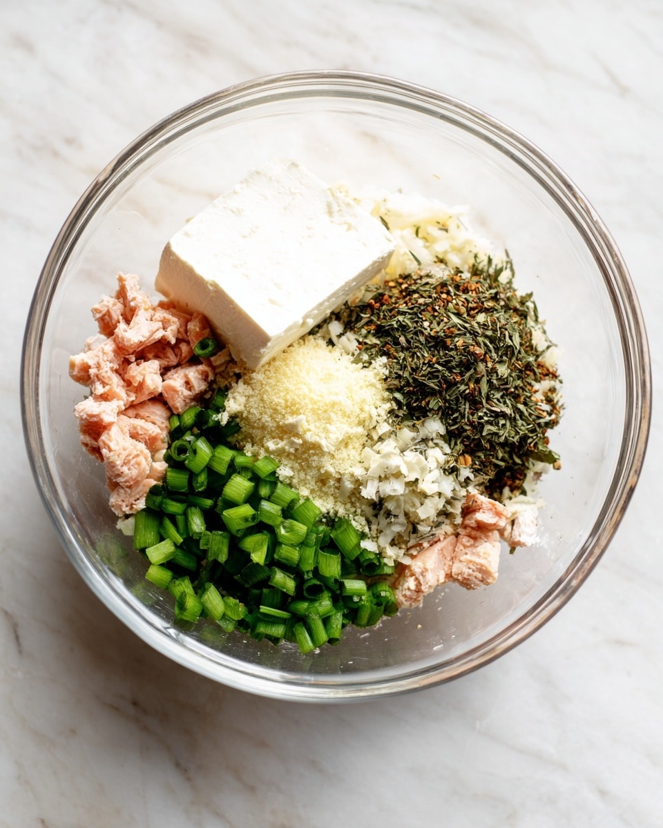 A clear glass bowl placed on a white marbled surface, filled with several separate layers of ingredients. The bottom right half of the bowl contains small pieces of a light pinkish-white chopped meat. On the bottom left, there is a cluster of bright green chopped scallions. Toward the top left is a large, smooth, white block of cream cheese. Next to it on the right is a pale yellow powder, likely grated Parmesan cheese, and next to that is a mix of dark green and brown dried herbs. In the center, there is a small pile of finely minced pale yellow garlic. The ingredients are arranged without mixing, showing distinct colors and textures. Photo taken with an iphone --ar 4:5 --v 7