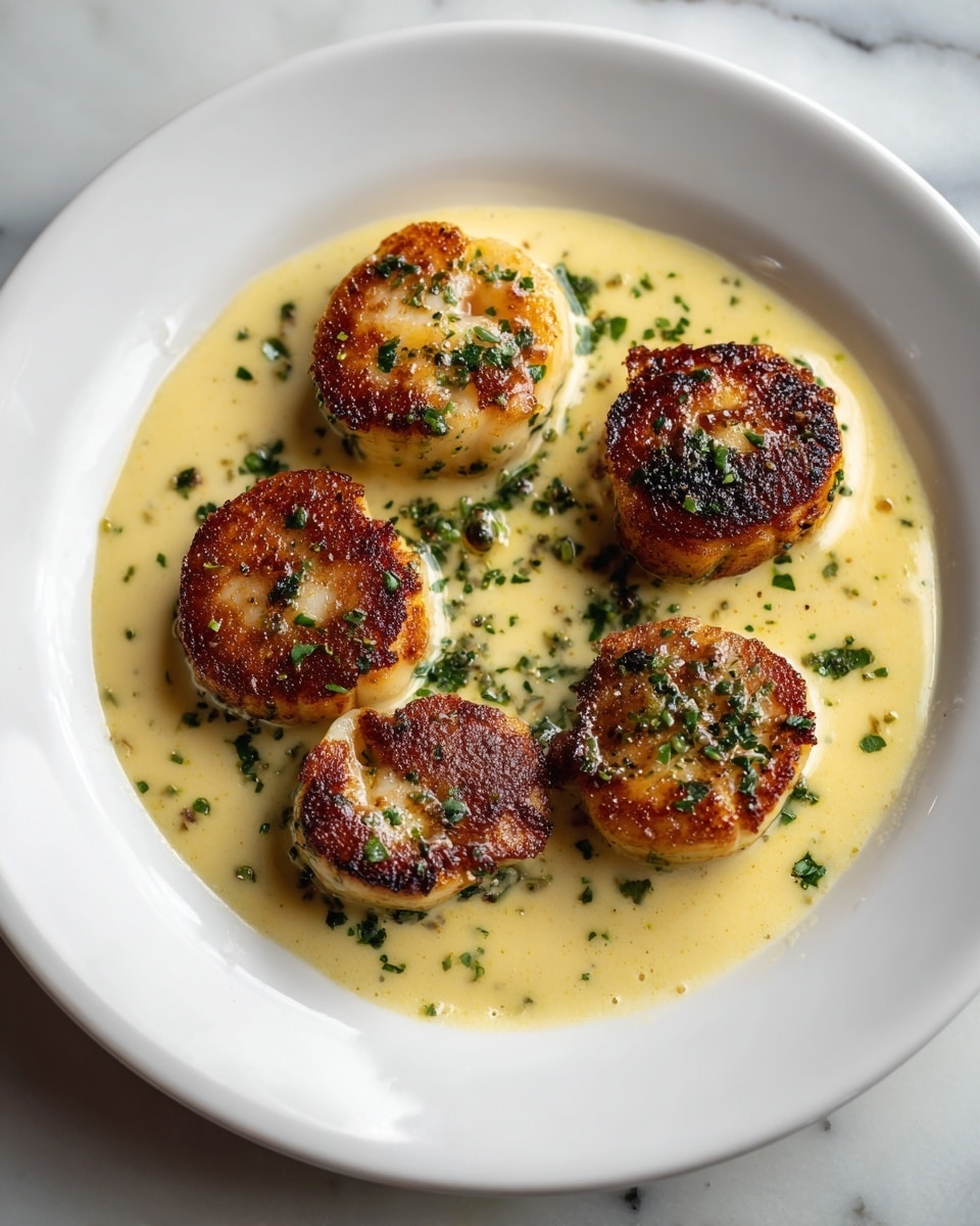 The image shows a white plate with five small round pieces of golden brown food, each with a slightly crispy top and sprinkled with green herbs. The pieces sit in a thick, creamy light yellow sauce that looks smooth and rich. The background is a white marbled surface. photo taken with an iphone --ar 4:5 --v 7