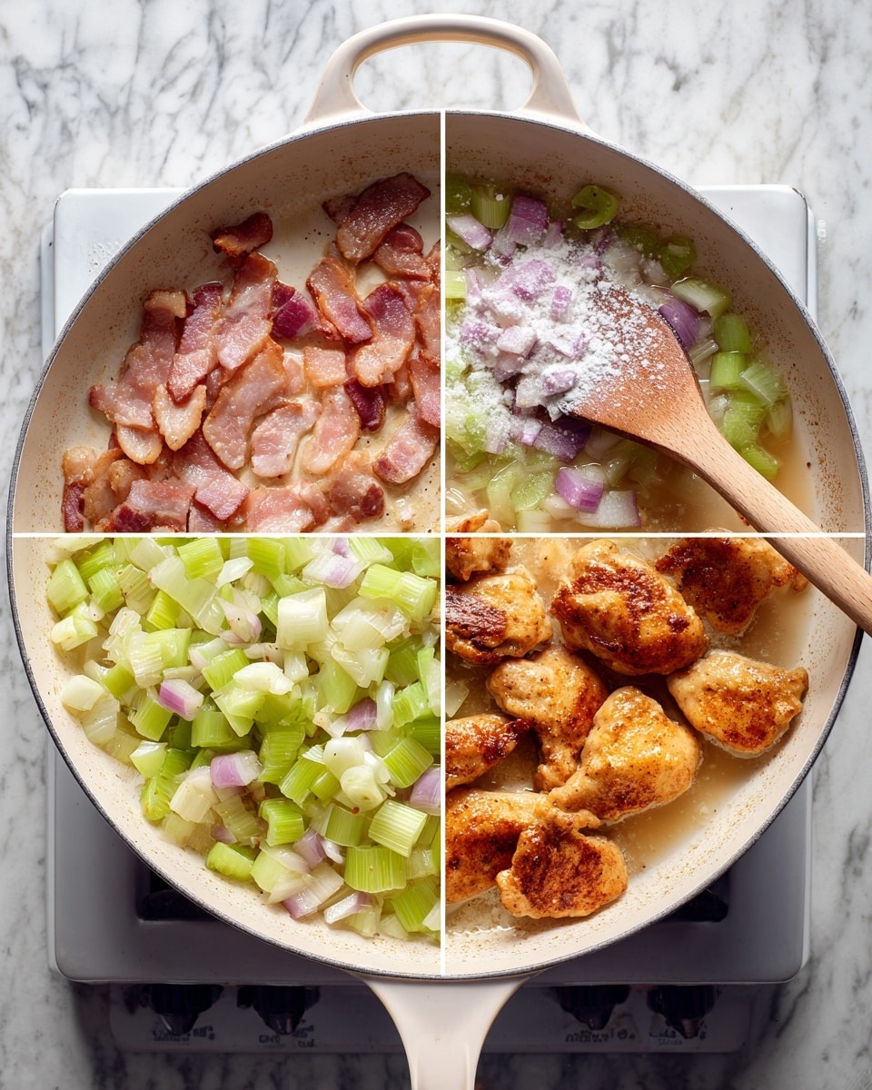 A white pan with four cooking steps arranged in a square layout: top left layer shows pink-brown bacon strips frying, top right layer has diced pale green celery and light purple onions being mixed with a wooden spatula, bottom left layer presents the celery and onions softened with added white powder seasoning stirred by the wooden spatula, bottom right layer features golden-brown fried chicken pieces and bacon strips simmering in a light broth. The pan sits on a stove with a white marbled surface in the background photo taken with an iphone --ar 4:5 --v 7