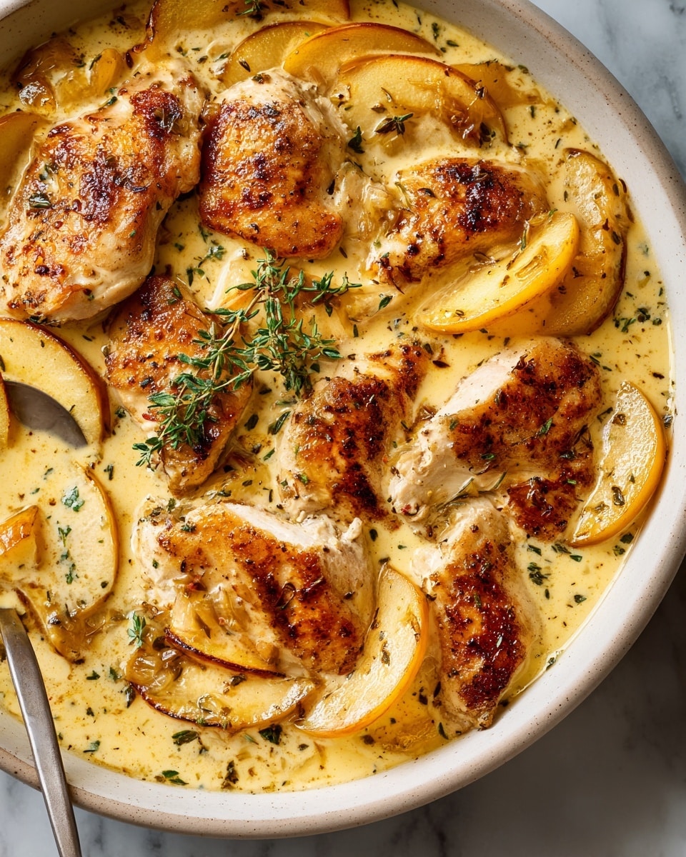 A close-up view of a creamy dish with several golden-brown cooked pieces of chicken layered with caramelized apple slices. The chicken pieces are browned on top, showing a slightly crispy texture, and are scattered evenly throughout the dish, partially submerged in a thick, pale-yellow sauce speckled with herbs. The apple slices have a light brown caramel color and are nestled among the chicken. In the center, a small sprig of fresh thyme adds a touch of green. The whole dish sits on a white marbled surface, and a spoon is visible on the left side, partially immersed in the sauce. The overall look is warm and rich, showing a mix of soft and crispy textures. photo taken with an iphone --ar 4:5 --v 7