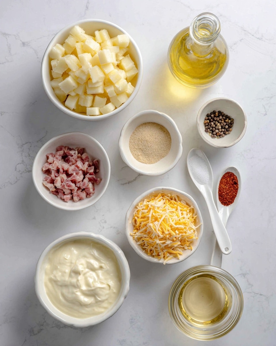 The image shows several small white bowls arranged on a white marbled surface. Starting from the top left, there is a bowl filled with small, pale yellow cubes, which appear to be chopped potatoes. To its right is a clear glass bottle filled with light yellow oil. Below the bottle is a small white bowl holding tiny pink pieces that look like diced bacon. Moving downward, a white container holds a light brown powder, and next to it is a small glass bowl with black peppercorns. Below the peppercorns is a white bowl filled with shredded orange cheese. To the right, two small white ceramic spoons hold white granulated salt and red-orange paprika powder. At the bottom left, a larger white bowl contains a thick, creamy white substance. Finally, there is a transparent jar filled with clear golden liquid, likely broth or stock. The items are carefully spread out and look ready for cooking photo taken with an iphone --ar 4:5 --v 7