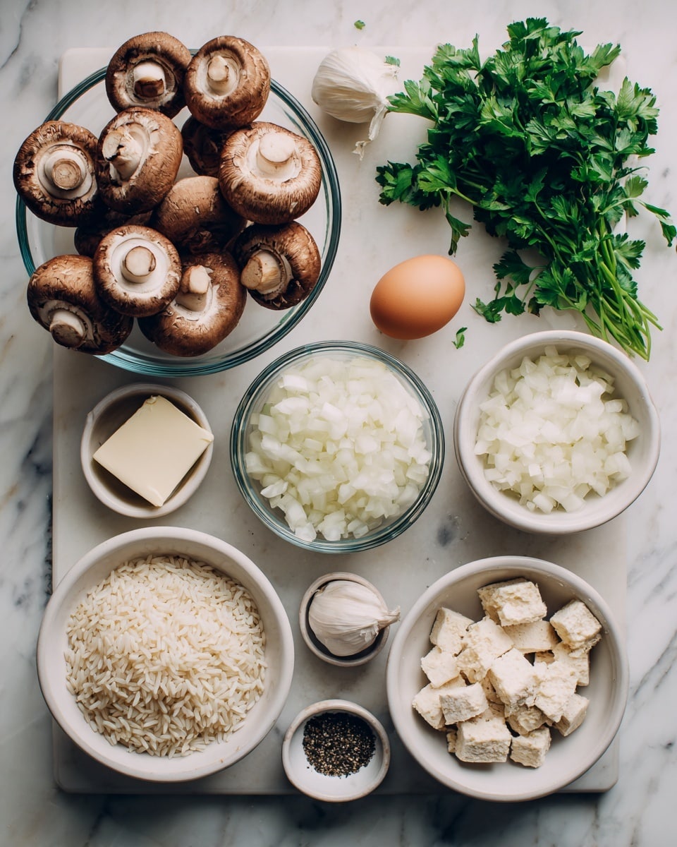 The image shows a white marble surface with bowls arranged neatly, each containing different cooking ingredients. There is a clear glass bowl filled with whole brown mushrooms placed near the center. A bowl with chopped white onions is to the right, and next to it is a bowl with fresh green parsley leaves. A block of white butter sits in a small white bowl on the left side. Below the mushrooms is a white bowl filled with uncooked rice, and next to it is another white bowl with pieces of a light beige ingredient, possibly tofu or bread. There is also a bowl containing one brown egg, a small bowl with minced garlic, and a small bowl holding a mix of salt and pepper. The ingredients are spread out in an organized manner on the white marble surface. photo taken with an iphone --ar 4:5 --v 7