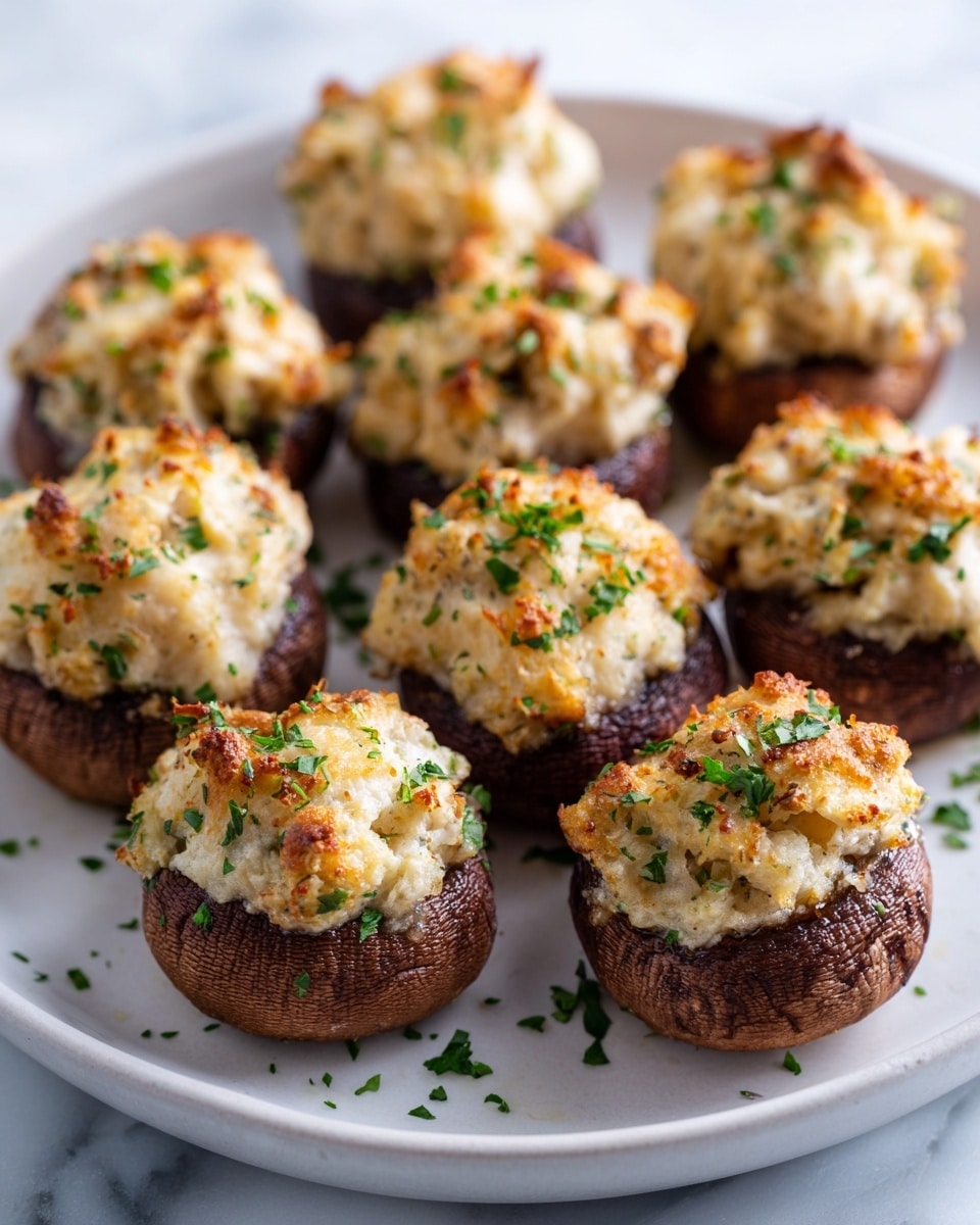 The image shows a white plate on a white marbled surface, filled with about ten stuffed mushrooms arranged in a loose group. Each mushroom has a deep brown, textured base cap, topped with a creamy light beige filling that has a slightly rough and soft texture, with bits of green herbs sprinkled on top for color contrast. The filling looks fluffy and slightly browned in spots, giving a warm and inviting appearance. The mushrooms vary slightly in size but are all neatly filled and garnished. Photo taken with an iphone --ar 4:5 --v 7
