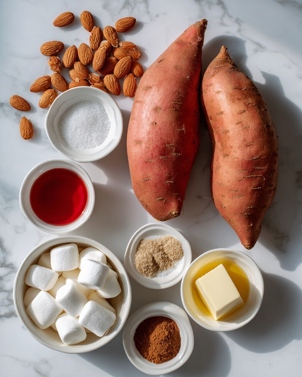The image shows two sweet potatoes with orange skin placed near small white bowls containing ingredients. One white bowl holds whole almonds, another has white marshmallows, while smaller white bowls contain salt, red liquid (likely syrup or honey), butter, and two different brown powders (possibly cinnamon and another spice). The background is white marbled. photo taken with an iphone --ar 4:5 --v 7