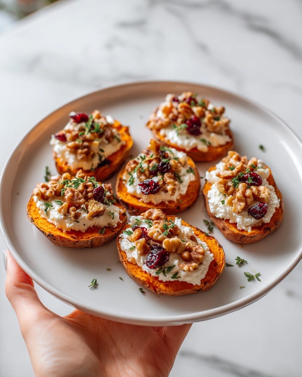 The image shows six round slices of orange sweet potato on a white plate, each topped with a layer of creamy white cheese spread, a sprinkle of small light brown walnut pieces, and a few dark red dried cranberries scattered on top. The plate is placed on a white marbled surface, and a woman's hand is gently holding the edge of the plate in the background. The overall look is colorful with bright orange, creamy white, light brown, and dark red tones, with a soft natural light. photo taken with an iphone --ar 4:5 --v 7