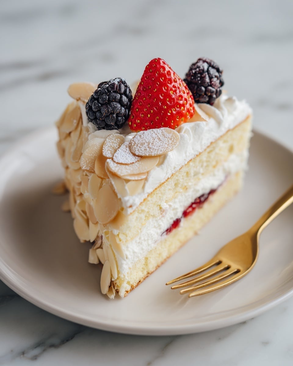 A slice of yellow almond cake forms the base, topped with thin toasted almond slices and a light dusting of powdered sugar. A layer of red jelly peeks out in the middle, under a thick, fluffy white cream layer. On top, there are two fresh red strawberry halves and two dark blackberries placed side by side. The cake slice is placed on a white plate on a white marbled surface, with a golden fork resting beside it. Photo taken with an iphone --ar 4:5 --v 7