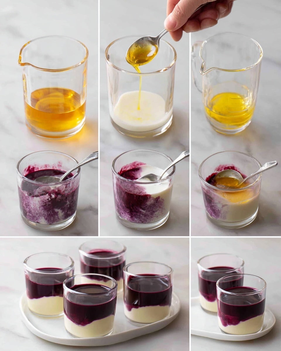 The series of images shows the step-by-step process of making a layered dessert in clear glasses, all placed on a white marbled surface. First, a clear measuring cup holds a golden syrup with a spoon inside. Next, a yellow liquid is poured into a cup containing white milk. Then, a woman's hand wipes a glass container cleaning the inside, making it white with slight purple stains. In the following image, a dark purple mixture is stirred in a measuring cup with a white utensil. The purple liquid is then poured from the cup into clear glasses, filling the bottom with a smooth and shiny layer. Five glasses with a deep purple base are set on a white plate. Next, white milk is poured over the purple layer inside the glasses, creating a two-layer look with the purple on the bottom and white on top, showing clear separation. In the last image, golden syrup is measured with a metal spoon over the glasses, preparing to add another layer or drizzle. photo taken with an iphone --ar 4:5 --v 7