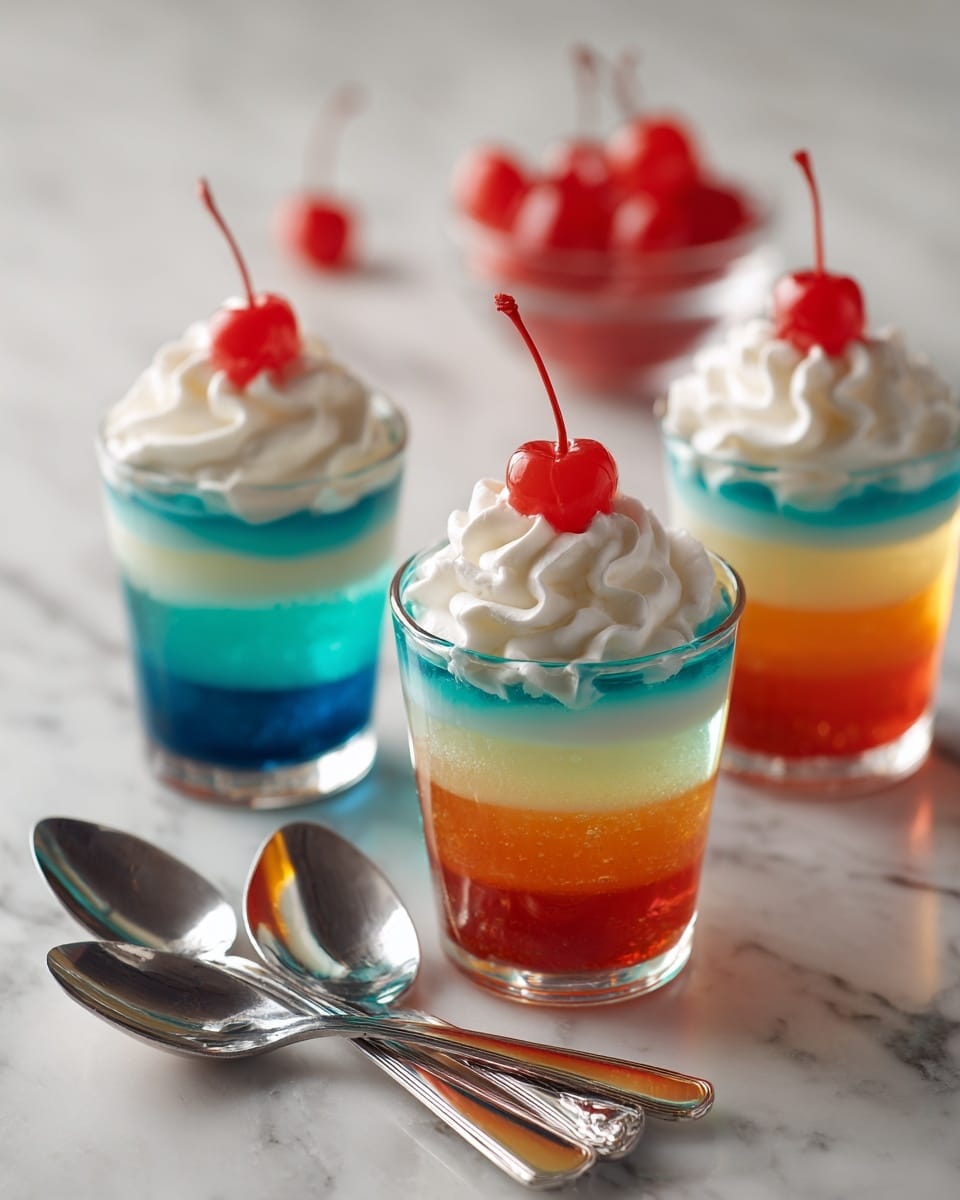 Three clear cups hold rainbow layered jelly with five visible layers: blue at the bottom, green above it, then yellow, orange, and red at the top. Each cup is topped with a swirl of white whipped cream and a bright red cherry on top. The cups sit on a white marbled surface with three shiny spoons in the foreground. In the background, more cherries are visible in a small clear bowl. The image is softly lit, showing smooth textures and vibrant colors. photo taken with an iphone --ar 4:5 --v 7