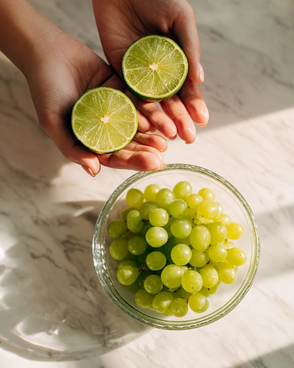 A clear glass bowl filled with small, shiny green grapes sits on a white marbled surface. Above the bowl, a woman's hands hold two halves of a bright green lime, showing the detailed texture and juicy segments inside. The focus is on the fresh lime and the grapes below, with natural light highlighting their fresh and vibrant colors. Photo taken with an iphone --ar 4:5 --v 7