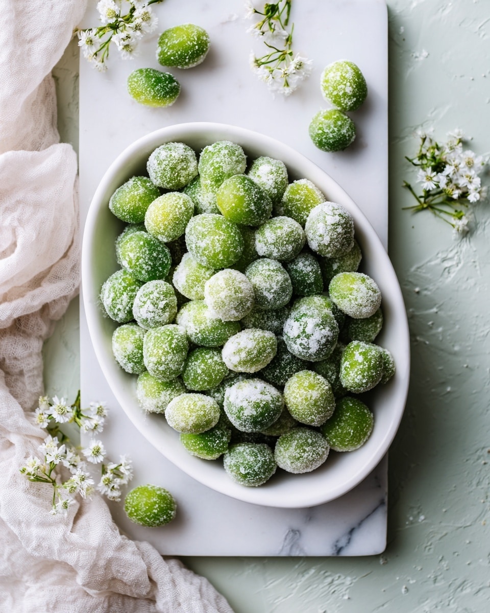 A large oval white bowl filled with many small round green fruits coated in a white granulated sugar layer, some sugar clumps appearing unevenly on their surface with a frosty texture. The bowl sits on a white marble rectangular board placed on a light green surface. Around the bowl, a few sugar-covered fruits are scattered next to small delicate white flowers. A soft, textured cream cloth is draped on the left side of the frame. The overall look is fresh and bright, with soft natural light highlighting the sugary coating photo taken with an iphone --ar 4:5 --v 7