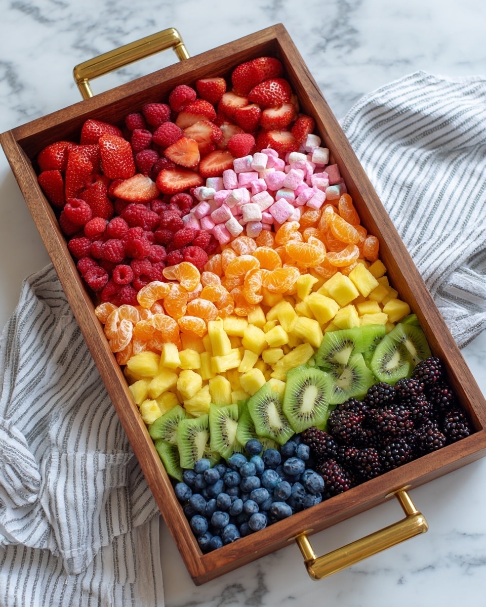 A wooden tray with a gold handle is neatly filled with nine straight rows of colorful foods on a white marbled surface. The top layer has red halved strawberries, followed by a layer of red raspberries below. The third row is pink watermelon cubes, and the fourth has bright orange peeled mandarin segments. The fifth layer shows chopped yellow mango pieces, under which are yellow pineapple chunks. Then there is a row of green kiwi slices, followed by dark blue blueberries. Below, the second last row contains blackberries and the last bottom row is festive cereal with marshmallow bits. A white and gray striped cloth peeks from behind the tray. photo taken with an iphone --ar 4:5 --v 7