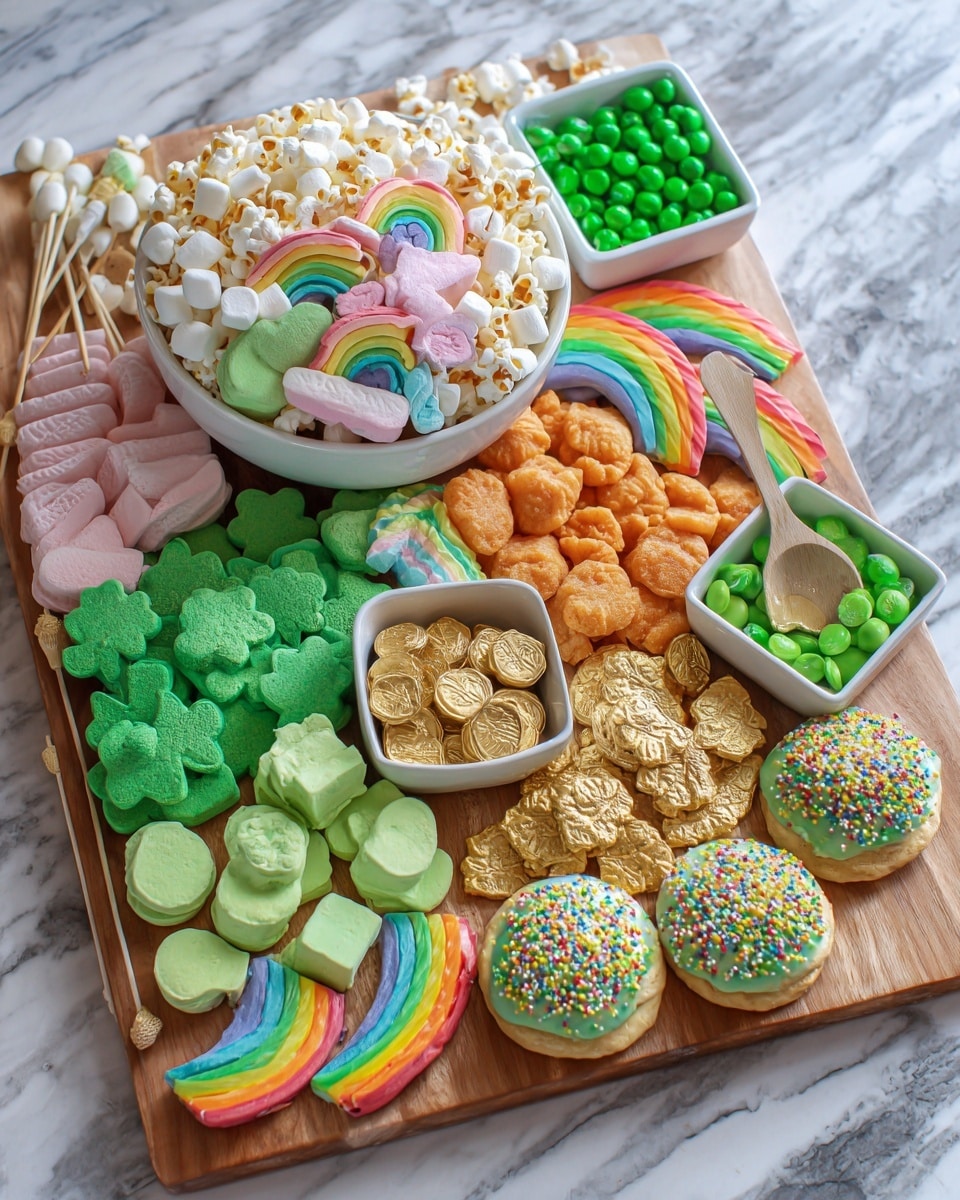 A large wooden board filled with a variety of colorful sweets and treats sits on a white marbled surface. On the left side, there is a white bowl full of popcorn mixed with pastel-colored marshmallows shaped like rainbows, hearts, and flowers. Around the bowl, there are green clover-shaped cookies, pale green KitKat bars stacked, and gold chocolate coins scattered. Near the center, a pile of orange fortune cookies is surrounded by more gold coins. To the top right, a small white square bowl holds shiny green and light green candy-coated chocolates with a wooden spoon inside. Next to this, bright green rock candy sticks on wooden skewers lean on the board. On the right, several round sugar cookies with green frosting topped with yellow, white, and green round sprinkles form a neat stack. Thin rainbow-colored candy strips and twisted rainbow lollipops lie near the cookies. The photo taken with an iphone --ar 4:5 --v 7