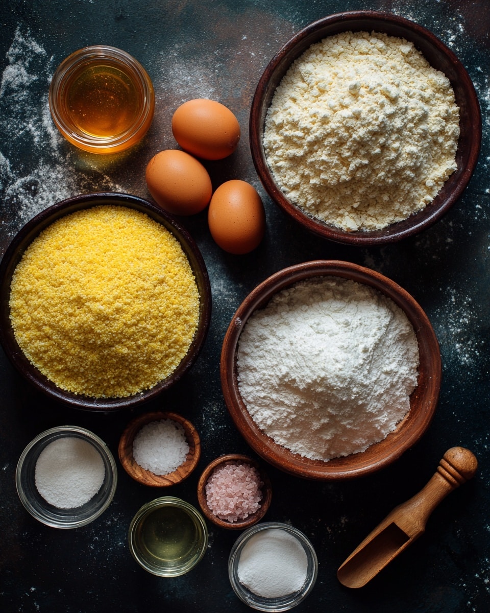 The image shows several ingredients arranged on a dark surface with a white marbled texture. There is a brown bowl filled with a light beige flour on the top right, and below it is another brown bowl filled with coarsely ground yellow cornmeal. To the right of the cornmeal are two brown eggs placed side by side. Above the eggs is a small glass jar filled with golden honey. On the bottom right are a few small wooden bowls and glass containers holding white and pink powders and clear liquid. There is also a wooden scoop partially visible in the bottom right. The photo taken with an iphone --ar 4:5 --v 7
