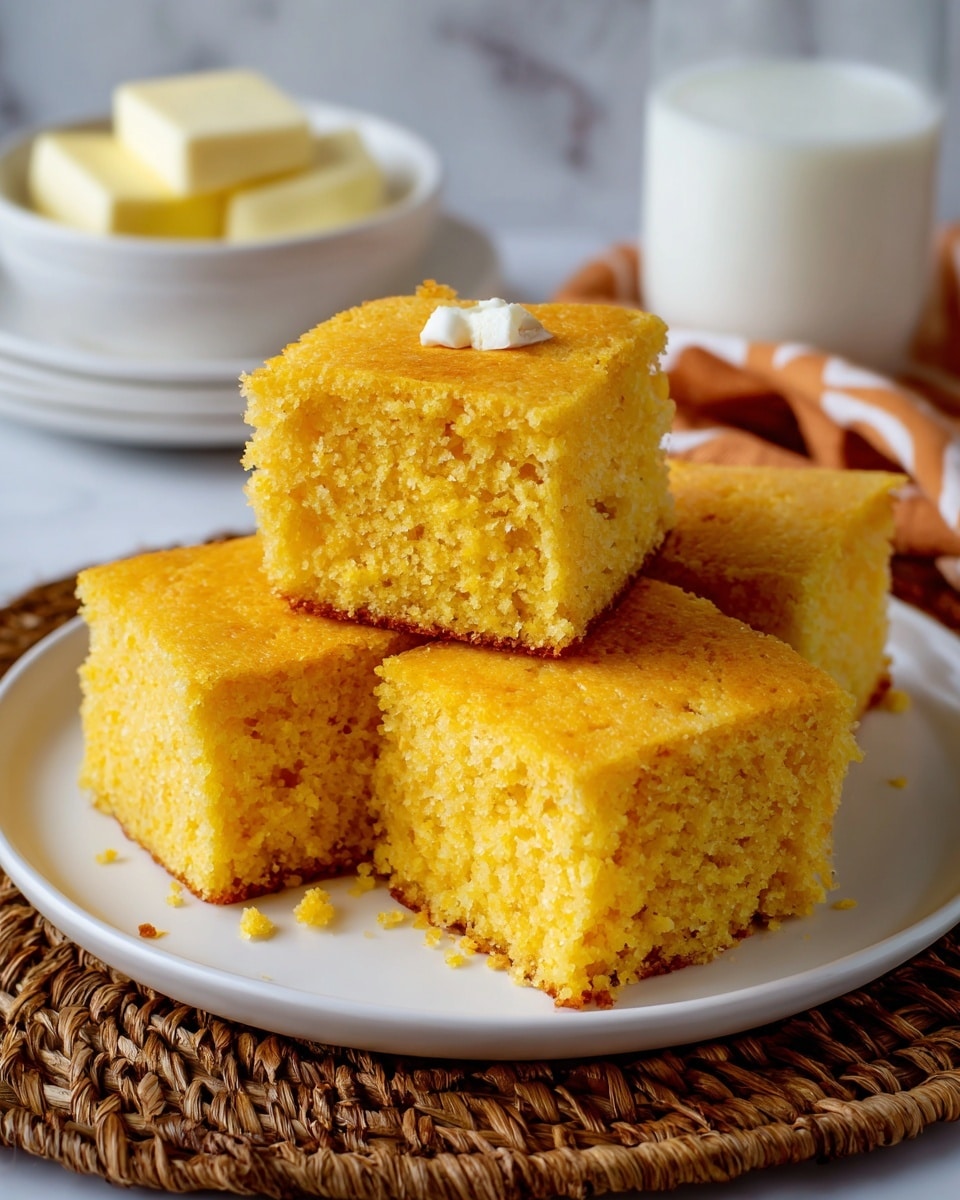 The image shows a white plate holding four thick, square pieces of golden yellow cornbread with a soft and slightly crumbly texture. Three pieces are placed side by side at the bottom, with one piece stacked neatly on top in the center. The plate sits on a woven brown mat on a white marbled surface. The background includes a white bowl with a small stack of butter slices and a glass of milk slightly out of focus. Photo taken with an iphone --ar 4:5 --v 7