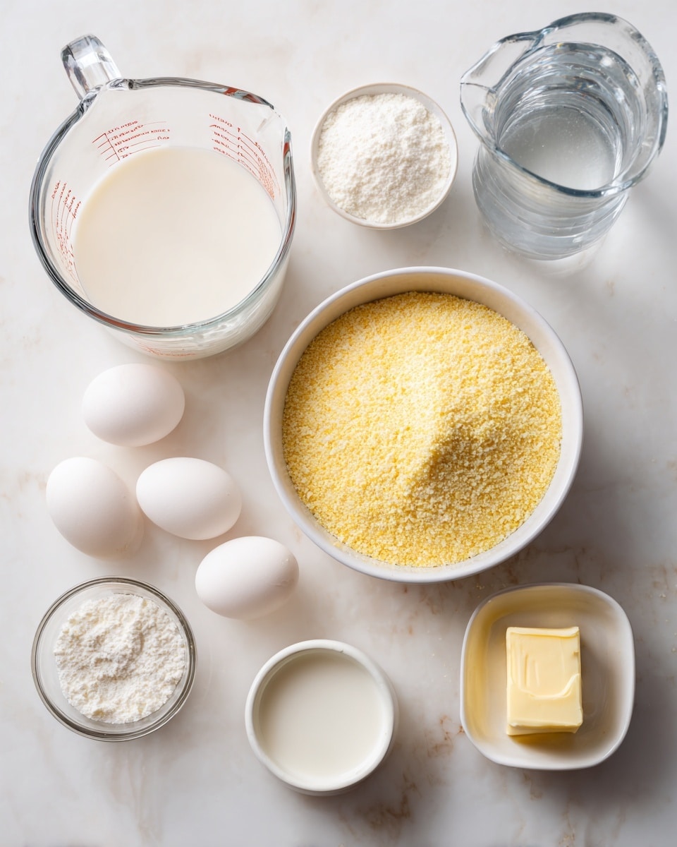 The image shows several ingredients placed on a white marbled surface, arranged neatly in a top-down view. At the center, there is a white bowl filled with yellow cornmeal, with a grainy texture. To the left, a clear glass measuring cup contains a white liquid, likely milk, showing measurement markings. Below the cornmeal bowl, a small white bowl holds a little bit of another white liquid. Above, to the right, two white eggs lie close to a small white dish with a square of light yellow butter. Near the top left, two small bowls contain white powders, one coarse like salt, and the other finely textured. To the right, a clear glass pitcher holds clear water. All items are arranged cleanly on the white marbled surface, showing different textures and shapes. photo taken with an iphone --ar 4:5 --v 7