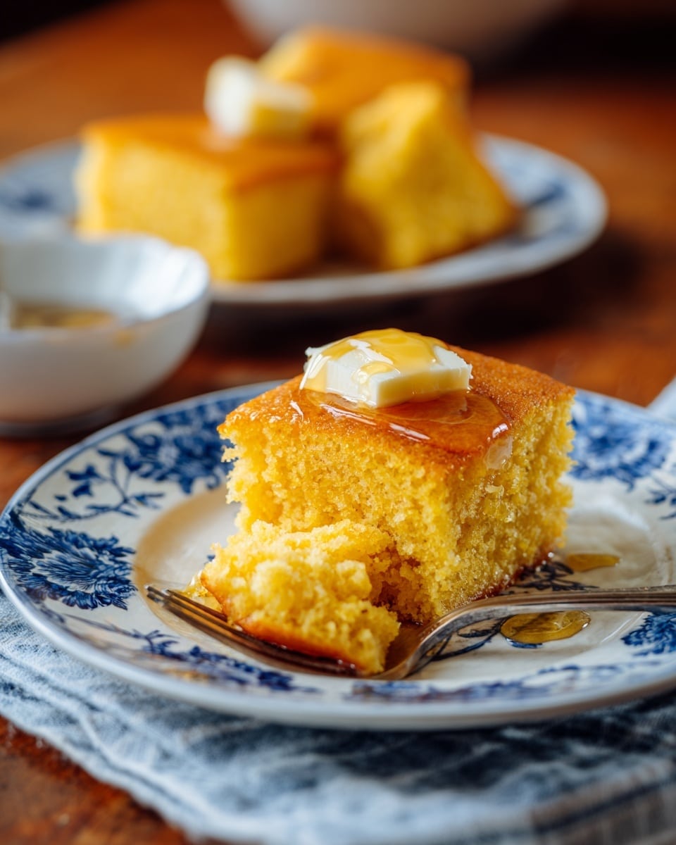 A thick piece of golden yellow cornbread sits on a white plate with blue floral patterns, its inside crumbly and soft with a slightly grainy texture. On top of the cornbread is a square of melting pale yellow butter with light brown syrup drizzled over it, adding a shiny glaze. A small fork rests on the plate in front, holding a chunk of the cornbread. In the blurred background, there is another white plate with blue patterns holding more cornbread pieces and a silver fork, all placed on a warm wooden table. photo taken with an iphone --ar 4:5 --v 7