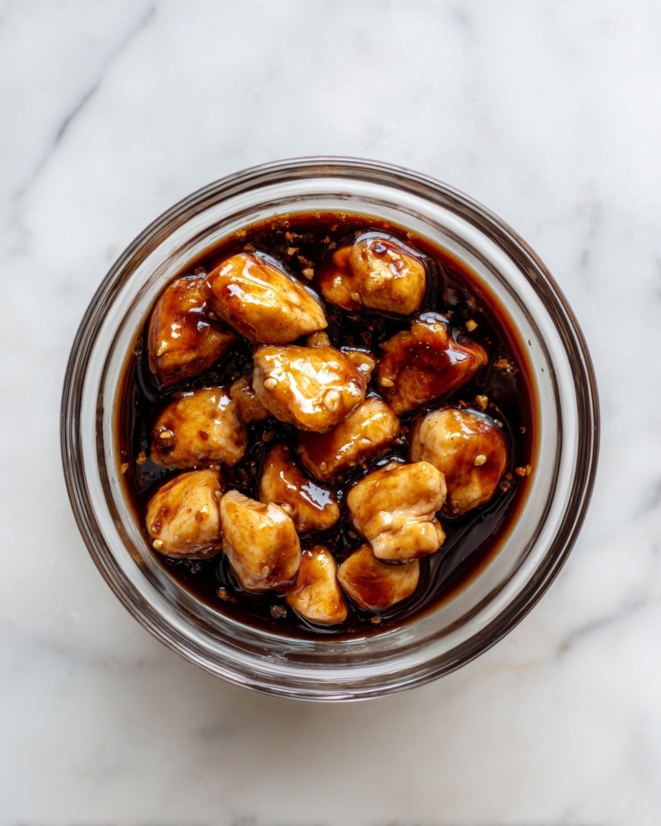 A clear glass bowl sits on a white marbled surface filled with several pieces of light brown chicken chunks that appear soft and coated in a dark brown soy sauce marinade, giving a shiny, wet look. The chicken pieces vary in shape and size, filling the bowl about halfway, with some submerged in the thick sauce while others rest on top. The light reflects off the sauce and chicken, adding a glossy texture throughout. photo taken with an iphone --ar 4:5 --v 7