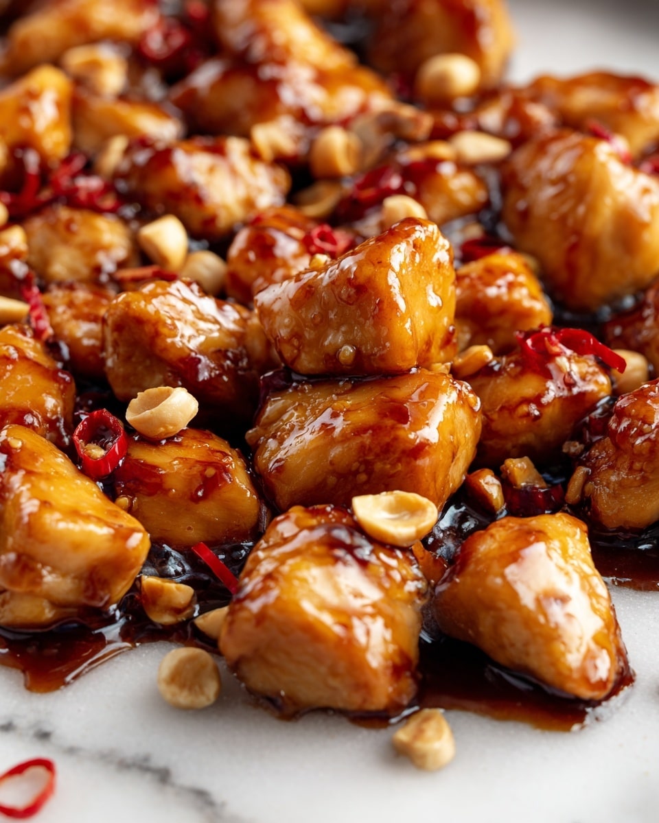 The image shows many pieces of golden brown cooked chicken chunks with a shiny, thick brown sauce covering them. There are thin red chili strips and some small round light-colored nuts mixed with the chicken, all together creating a rich and vibrant mix. The focus is close, showing the glossy and juicy texture of the chicken and sauce, with the food filling the whole frame on a white marbled surface in the background. photo taken with an iphone --ar 4:5 --v 7