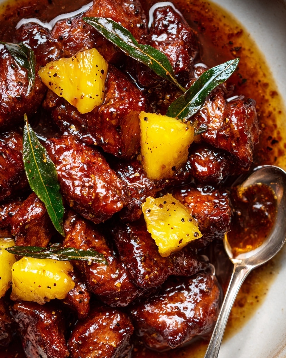 The image shows a close-up of dark brown glazed chicken pieces cooked in thick, shiny sauce. On top and around the chicken are small bright yellow pineapple chunks and several dark green bay leaves. The chicken has a slightly charred texture with visible black pepper specks on the shiny meat. A silver spoon is partially visible on the lower right, holding some sauce with pineapple pieces. The background has a white marbled texture. photo taken with an iphone --ar 4:5 --v 7