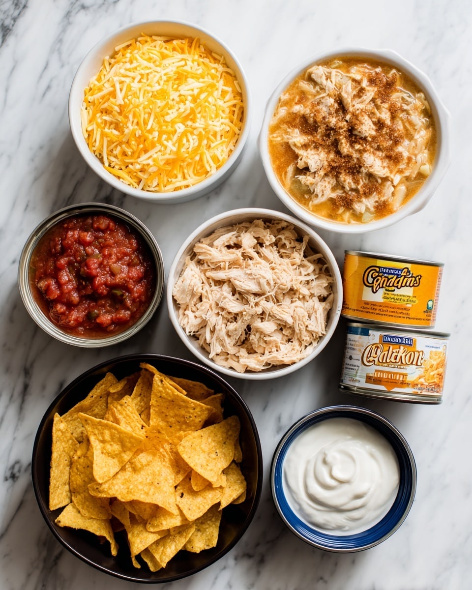 The image shows six items on a white marbled surface: a white bowl filled with shredded yellow and white cheese, a white bowl with chunky dark red salsa that has pieces of tomato and onion, two cans of cream of chicken soup with orange and yellow labels, a white bowl with shredded chicken topped with brown seasoning, a large black bowl filled with broken orange tortilla chips, and a blue and white bowl containing smooth white sour cream. The items are arranged in a neat layout. Photo taken with an iphone --ar 4:5 --v 7