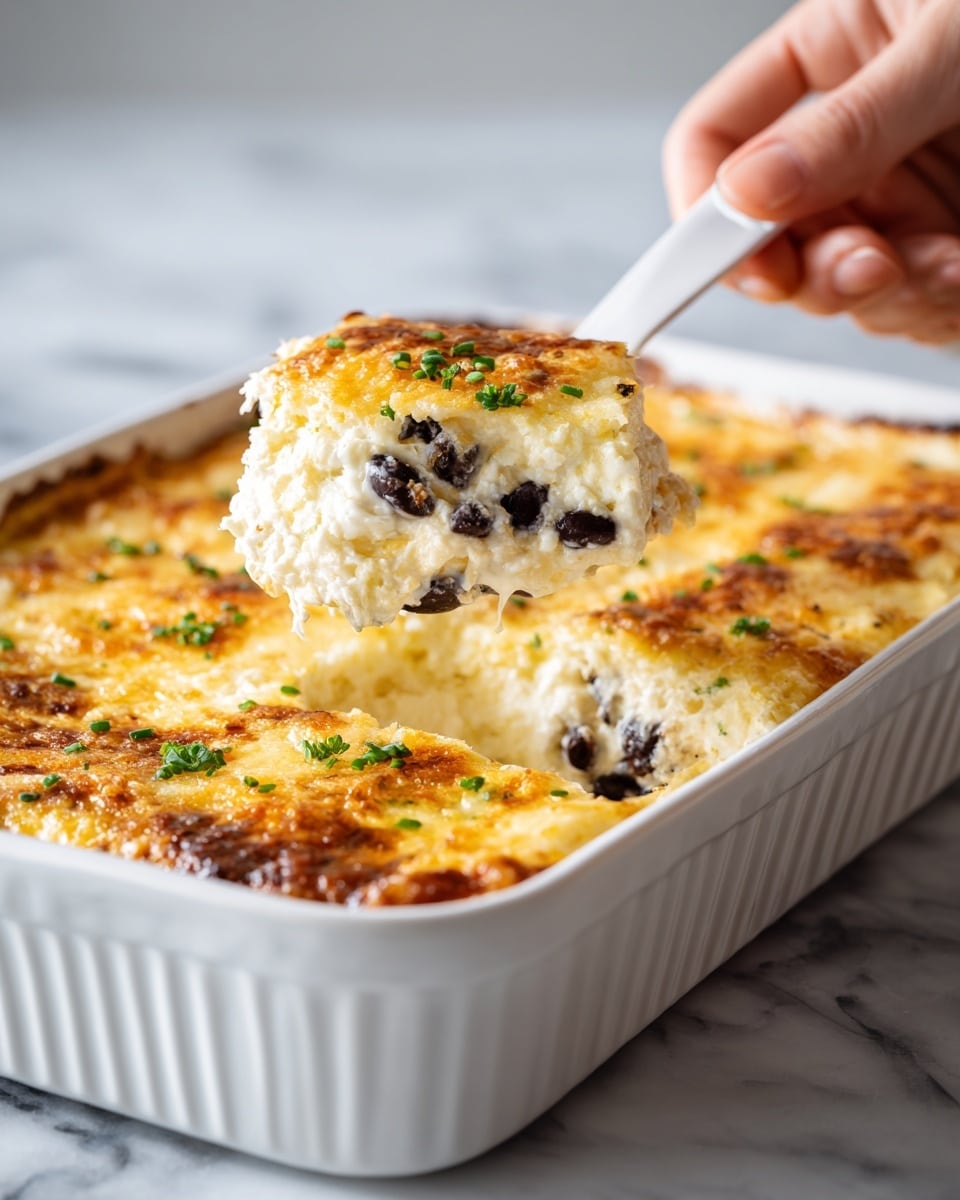The image shows a close-up of a creamy casserole in a white dish on a white marbled surface. The top layer is golden brown and may be crispy, with small green herbs sprinkled on it. Just below the top, there is a thick creamy layer with visible black beans, white sauce, and melted cheese mixed together. A woman's hand is holding a white spoon scooping out a portion, causing some of the layers to be disturbed, showing the different textures clearly. photo taken with an iphone --ar 4:5 --v 7