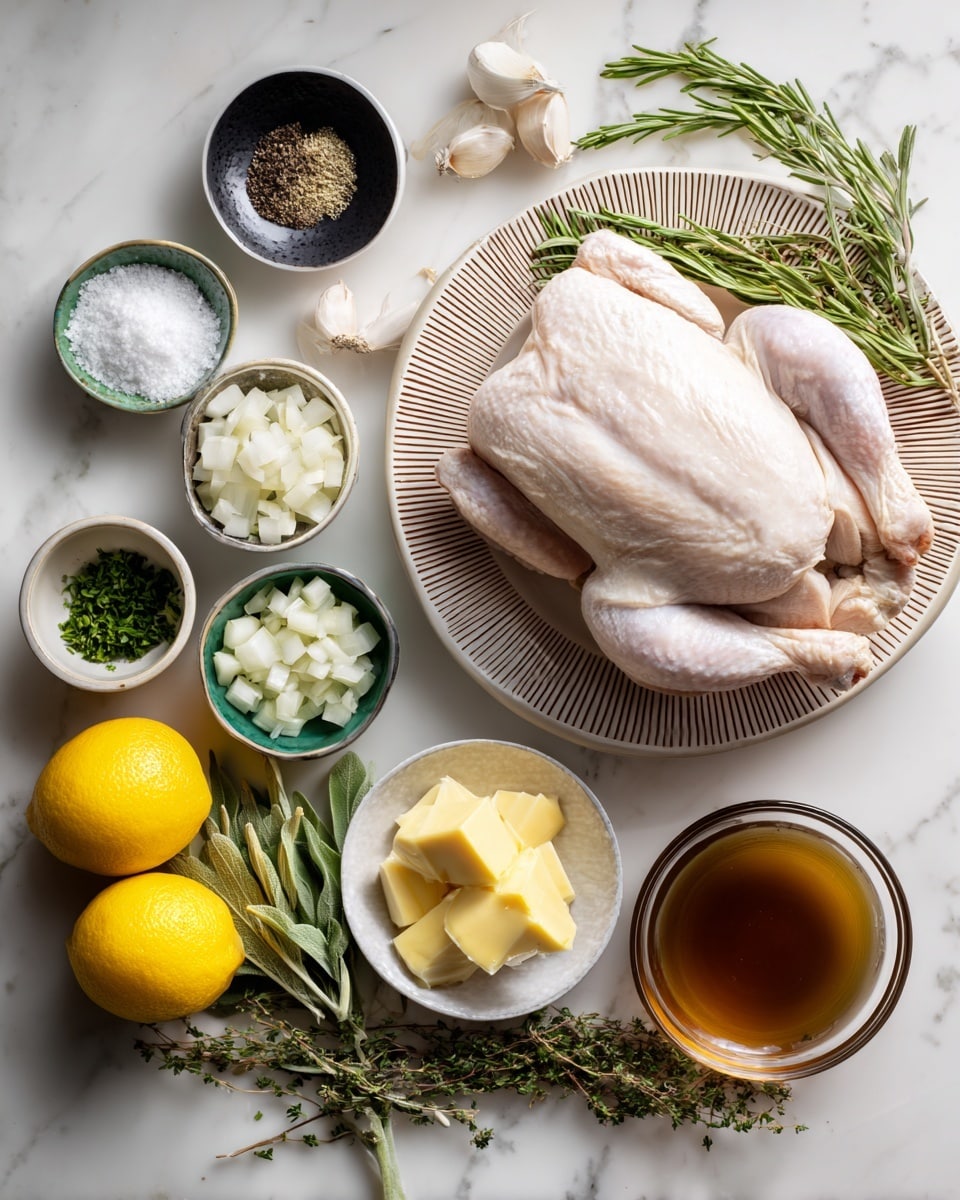 A whole raw chicken sits on a round white plate with brown striped edges in the bottom left corner. Around it are small bowls with ingredients: white coarse salt on a small black plate, black pepper in a small green bowl, chopped garlic in a white bowl, green herbs on a small white plate, quartered white onion pieces in a white bowl, lemon slices stacked in a white bowl, lemon zest in a small light brown bowl, and three yellow butter scoops in another white bowl. Two fresh green herbs, rosemary and thyme, lie between the bowls. A clear glass bowl filled with a brown liquid is in the bottom right corner, all placed on a white marbled surface. Photo taken with an iphone --ar 4:5 --v 7