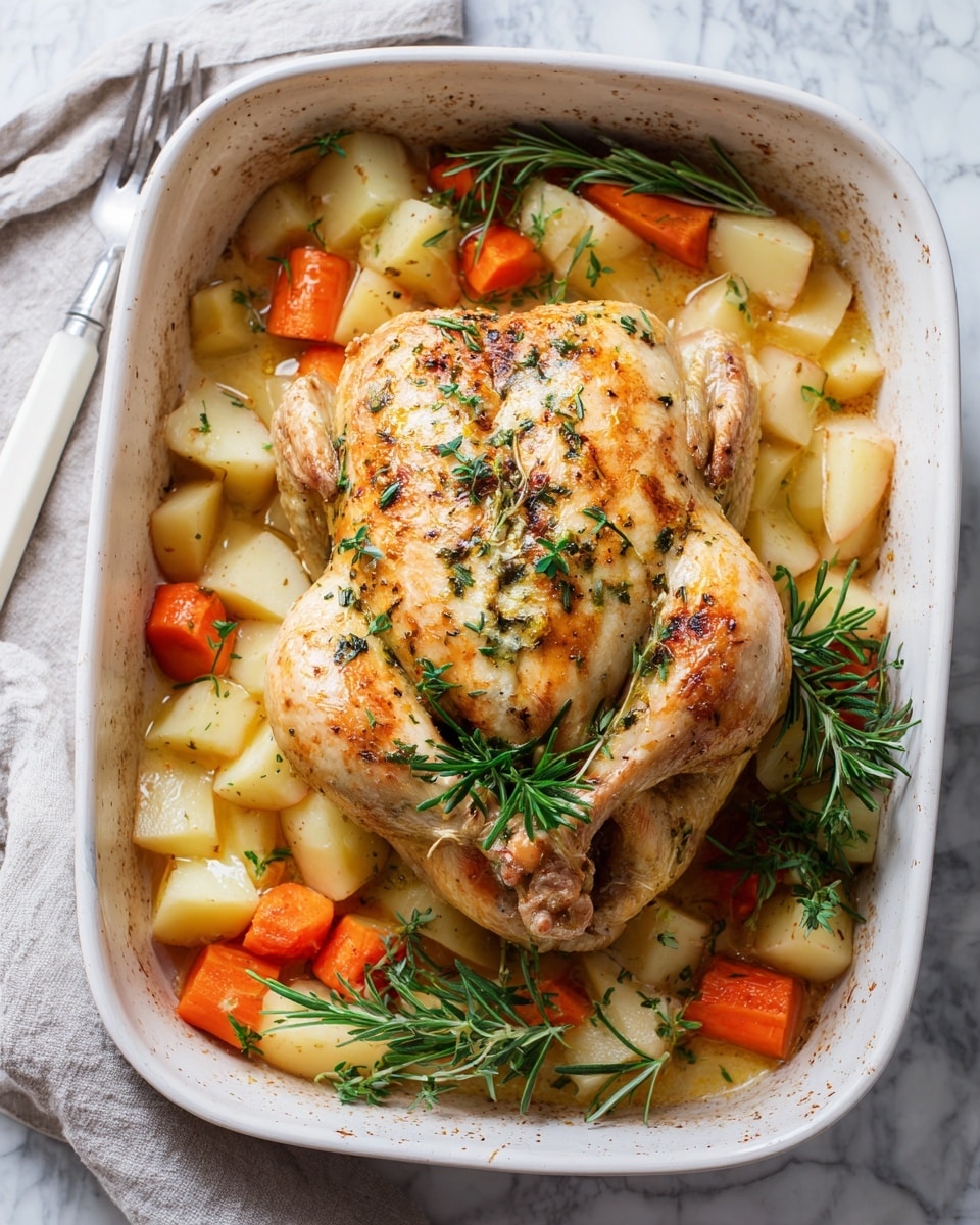 A roasted whole chicken with light golden brown and green herb specks sits in a white baking dish on a white marbled surface. The chicken is placed over a bed of large chopped pale potato pieces and thick orange carrot slices. There are visible sprigs of fresh green herbs, including rosemary, lying on top and around the vegetables. A white handled fork is partly seen on the left side of the dish. The scene looks warm and inviting with a rustic, home-cooked style. Photo taken with an iphone --ar 4:5 --v 7
