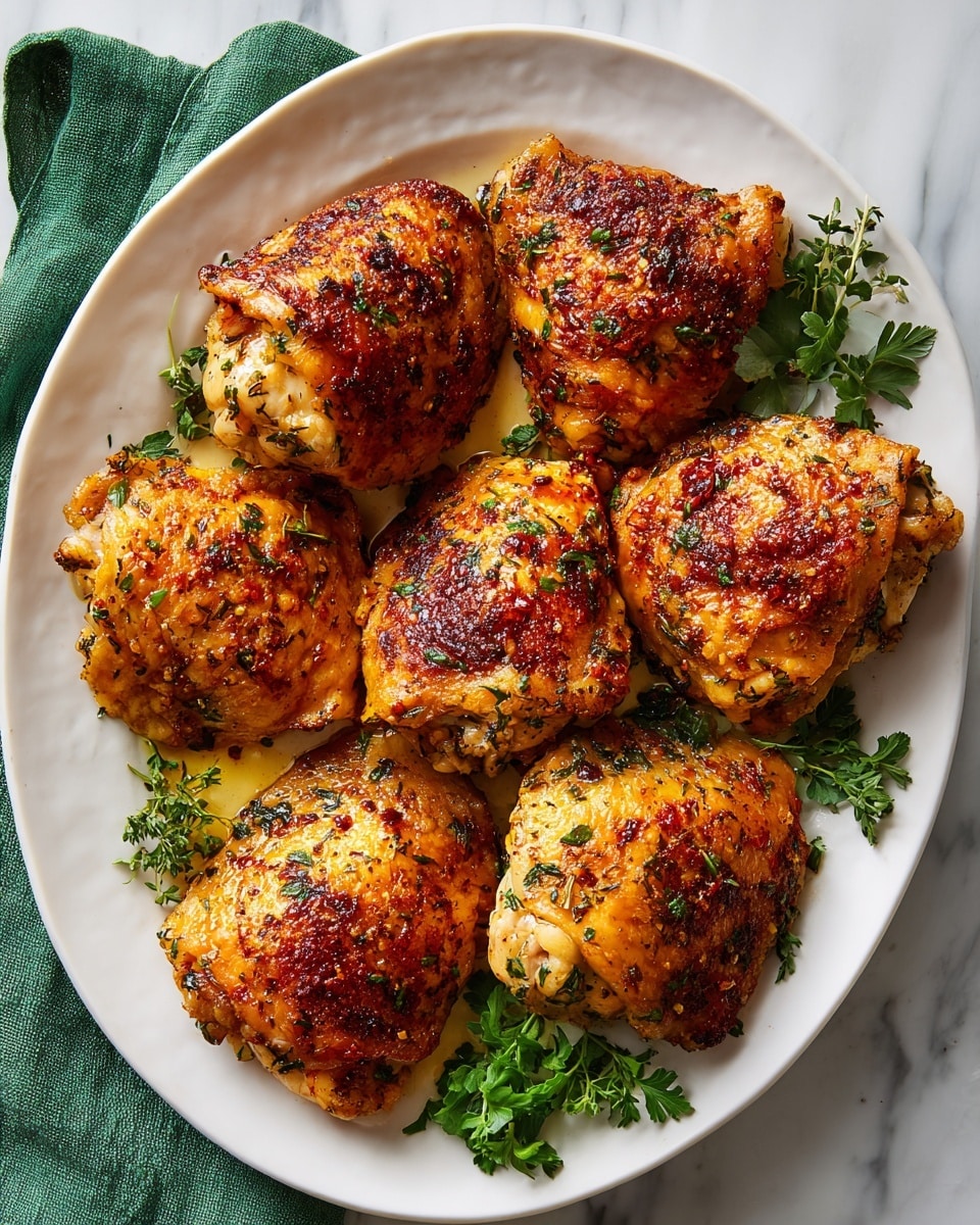 A white oval plate holds seven pieces of cooked chicken thighs arranged in a loose cluster. The chicken skin is golden brown with a crispy texture, speckled with herbs and spices that add green and reddish dots on the surface. The plate sits on a white marbled surface with a green cloth napkin partially visible in the top left corner and some fresh green herbs on the right edge. The overall look is warm, inviting, and well-seasoned, showing the crispy details of the chicken skin. Photo taken with an iphone --ar 4:5 --v 7