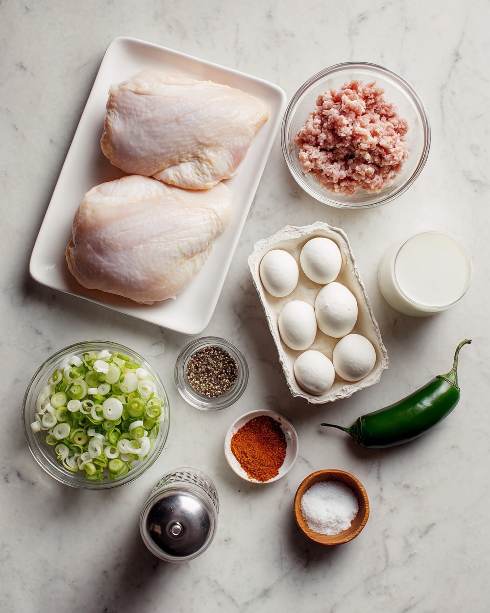 The image shows a white marbled surface with several cooking ingredients neatly arranged. There is a white tray holding two raw chicken pieces with a pale pink color and smooth texture, placed at the upper left. Next to it, slightly to the right, is a small clear bowl filled with finely chopped raw meat that is a darker pink. To the right of that bowl is a white carton containing four round, white mozzarella cheese balls. Below the chicken tray, there is a small pile of sliced green onions with a fresh, bright green color inside a clear container. To the right and slightly above this is a whole dark green jalapeño pepper. Near the center, there is a small bowl of finely granulated salt, a pepper grinder with black peppercorns, a small spoon filled with an orange-red spice, a small wooden bowl holding a white granular ingredient, and a glass container with white milk. The arrangement is clean and evenly spaced on the white marbled surface. Photo taken with an iphone --ar 4:5 --v 7