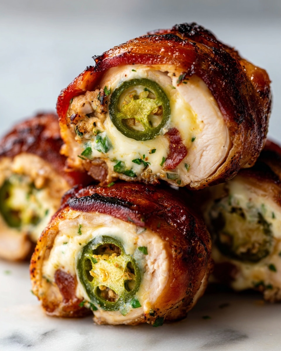 A close-up view of three chicken rolls stacked on a white marbled surface. Each roll is made of a browned and slightly charred outer chicken layer, wrapped around a thick, creamy middle layer of melted cheese with a smooth, gooey texture. Inside the cheese, vibrant green jalapeño slices add a bold pop of color and a curved shape. The outer chicken skin is shiny with a mix of golden brown and dark caramelized patches, showing a juicy and tender texture inside. The rolls are stacked in a way that two sit side-by-side at the bottom while one rests on top in the middle, revealing the cross-section filling very clearly. Photo taken with an iphone --ar 4:5 --v 7