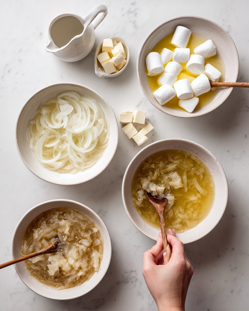 The image shows four white bowls on a white marbled surface, each with different stages of a soup preparation. The first bowl contains thin slices of white onions with a clear liquid, lightly covering them; the onions are spread evenly. The second bowl holds the same onions now topped with several white marshmallows and a drizzle of yellow butter melting on top. The third bowl shifts to a mixture of the cooked ingredients, now a light brown, chunky texture with the marshmallows mostly melted and stirred together, with a wooden spoon inside. The fourth bowl shows a yellowish broth with pieces of onion floating in it, and a woman's hand holding a wooden spoon stirring gently. Nearby are a small white pitcher and cubes of butter on a white marbled surface. Photo taken with an iphone --ar 4:5 --v 7