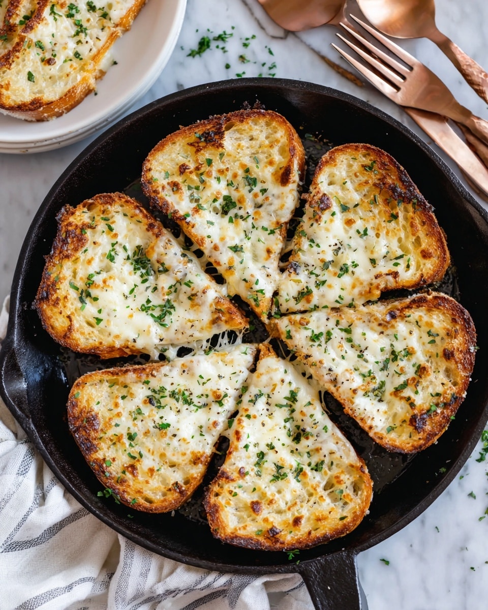 A round black skillet filled with eight slices of golden toasted bread, each slice topped with melted, white cheese that covers the bread evenly, bubbly and slightly browned at the edges, garnished with small sprinkles of fresh green herbs on top. The skillet is placed on a white marbled surface, with a white plate and copper utensils visible nearby. Photo taken with an iphone --ar 4:5 --v 7