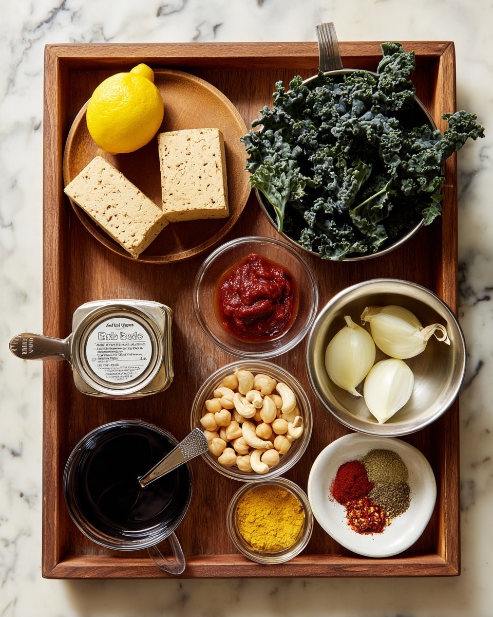 A wooden tray holds a variety of cooking ingredients neatly arranged in small bowls and containers. In the top left corner, two light beige blocks of tempeh rest on a small round wooden plate. Beside them, a bright yellow lemon sits near a can of chickpeas with a white label. Below these, a glass measuring cup filled with brownish liquid sits alongside three peeled garlic cloves. To the right, a silver bowl is filled with fresh, dark green curly kale leaves. Near the bottom right of the tray, half of a white onion rests next to a small glass bowl filled with light-colored cashews. On the bottom left, a small clear bowl contains dark soy sauce, and above it, a bowl holds red tomato paste. Next to the tomato paste, a silver measuring cup is filled with dried red chili flakes. A white bowl with yellow powder sits near a round white dish containing various spices like paprika and dried herbs. The tray itself sits on a white marbled surface. Photo taken with an iphone --ar 4:5 --v 7