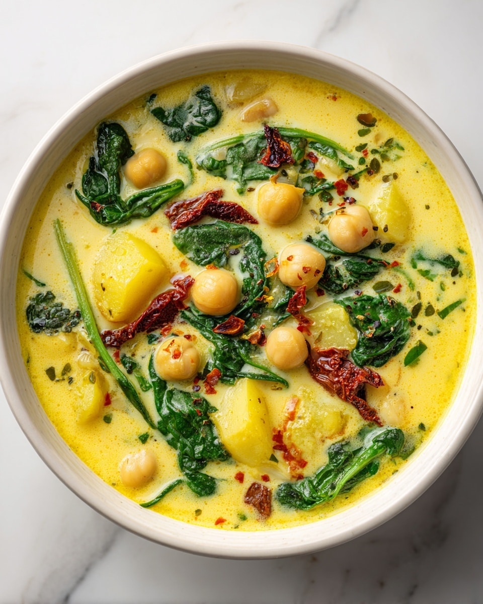 The image shows a white bowl full of bright yellow creamy soup with visible chunks of soft potatoes and chickpeas floating on the surface. Dark green leafy vegetable pieces are scattered throughout the soup, along with small pieces of sun-dried tomatoes adding reddish-brown spots. The soup looks thick and smooth, with the ingredients evenly mixed. The bowl sits on a white marbled surface, highlighting the vibrant colors of the soup. Photo taken with an iphone --ar 4:5 --v 7