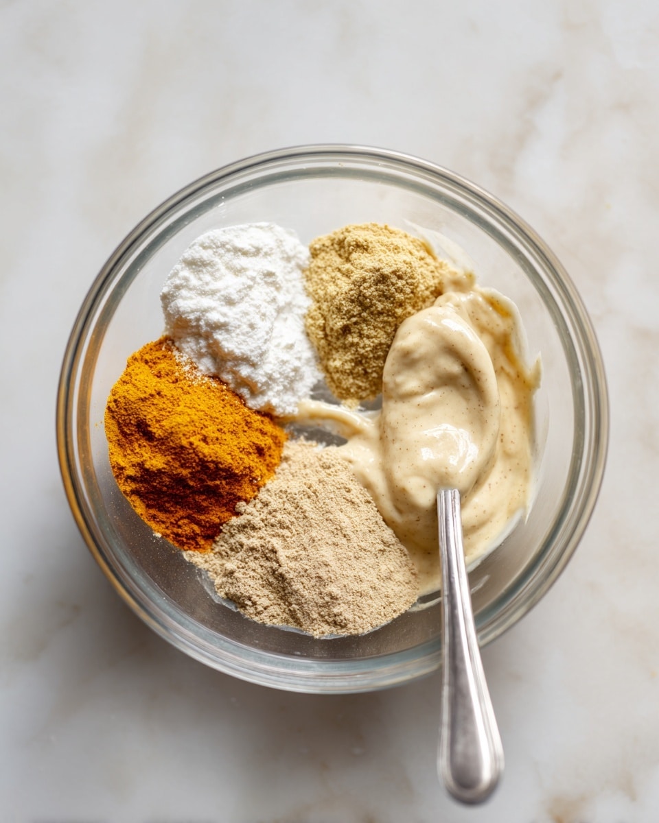 A clear glass bowl sitting on a white marbled surface holds four separate layers of ingredients: a white creamy layer, a bright yellow-orange powder, a light brown powder, and a pale yellow powder, all unmixed. In the next image, the same bowl shows these ingredients fully mixed into a thick, creamy sauce colored light tan with specks of spices, with a silver spoon resting inside. photo taken with an iphone --ar 4:5 --v 7