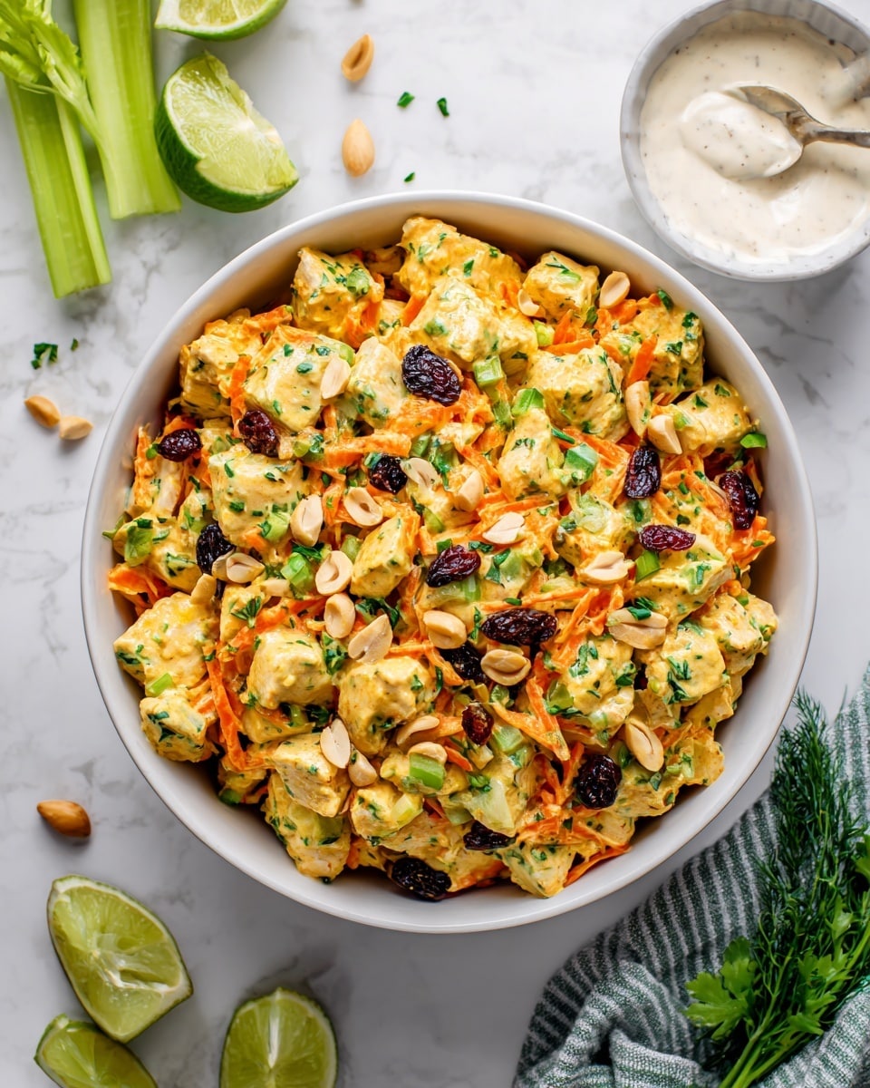 A white bowl filled with a colorful chicken salad sits on a white marbled surface. The salad has chunks of cooked chicken coated in a creamy yellow sauce, mixed with bright orange shredded carrots and small green celery pieces. Scattered on top are light brown peanuts and dark raisins, with a sprinkling of finely chopped green herbs adding extra color. Around the bowl, there are fresh pieces of celery and lime wedges, along with a small white bowl of creamy dressing nearby. The overall look is fresh and vibrant, with a mix of soft and crunchy textures. photo taken with an iphone --ar 4:5 --v 7