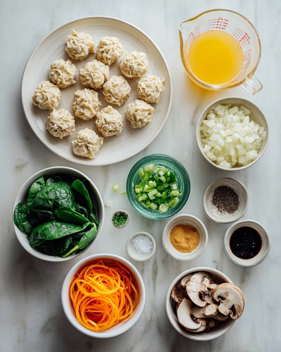 The image shows a clean, organized layout of various fresh and prepared ingredients placed on a white marbled surface. On the top left, there is a white plate holding ten small uncooked dumplings arranged loosely, beige in color with textured edges. To the right, a small white bowl contains finely chopped white onions. Next to it, on the far right, a clear glass measuring cup is filled with a yellow liquid broth. Below these main items, smaller white bowls hold chopped green onions, fresh green spinach leaves, and thin, bright orange spiralized carrots. There is also a small green glass container, partially visible, close to the center. Towards the bottom right, another white bowl is filled with sliced brown mushrooms. At the bottom edge, small bowls hold black pepper and salt, minced ginger, and a dark liquid sauce, all spaced evenly. The setup is neat and bright, emphasizing the fresh ingredients. Photo taken with an iphone --ar 4:5 --v 7