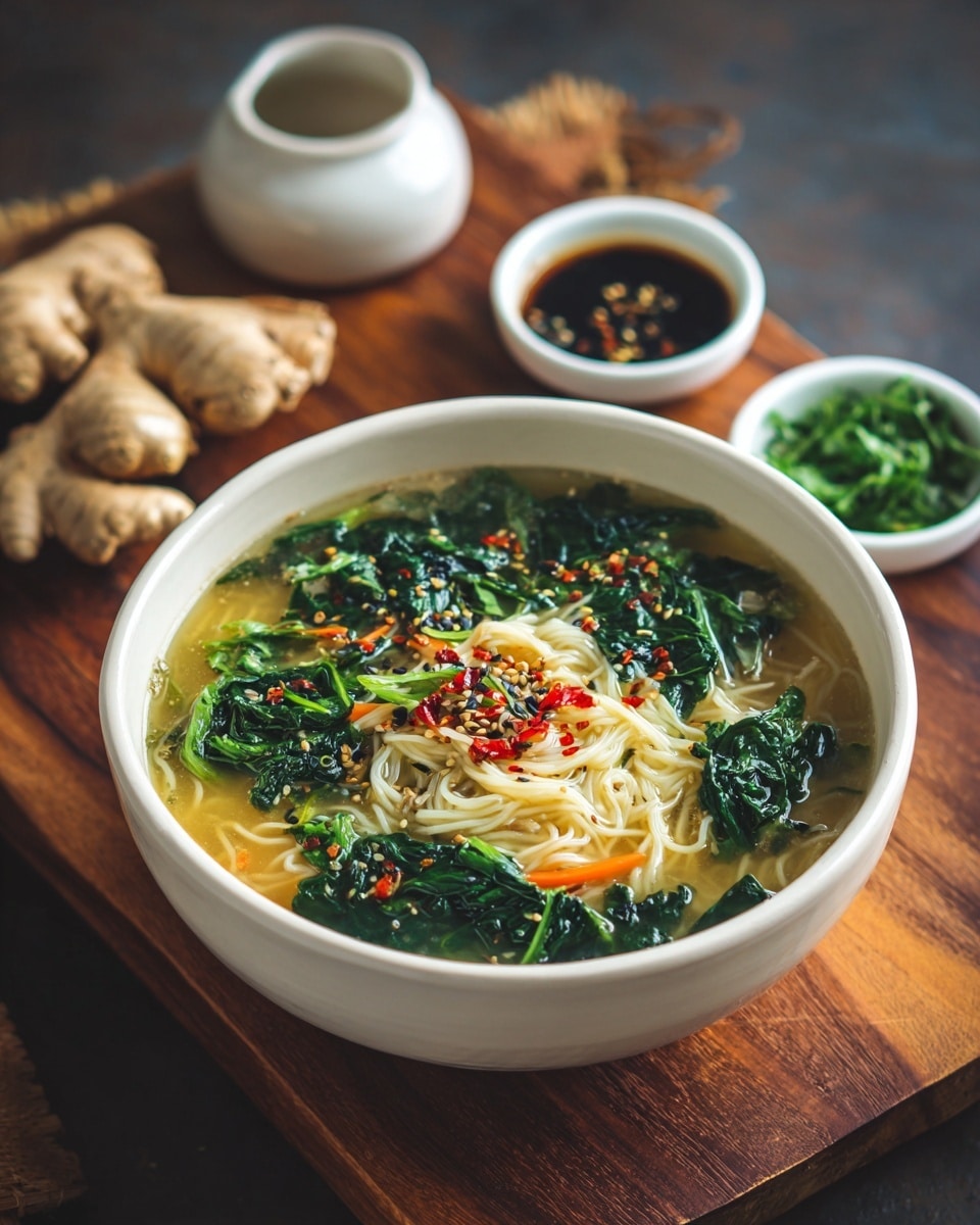 The image shows a white bowl filled with clear noodle soup. The soup has thin noodles at the bottom, soft green spinach leaves floating on top, and pale yellow broth covering everything. There are slices of light-colored cabbage and thin orange carrot sticks visible through the broth. Red chili flakes and some seeds are sprinkled on the surface, giving a touch of spicy color. The bowl sits on a wooden board with fresh ginger and two small white bowls holding green herbs and dark sauce behind it. Photo taken with an iphone --ar 4:5 --v 7