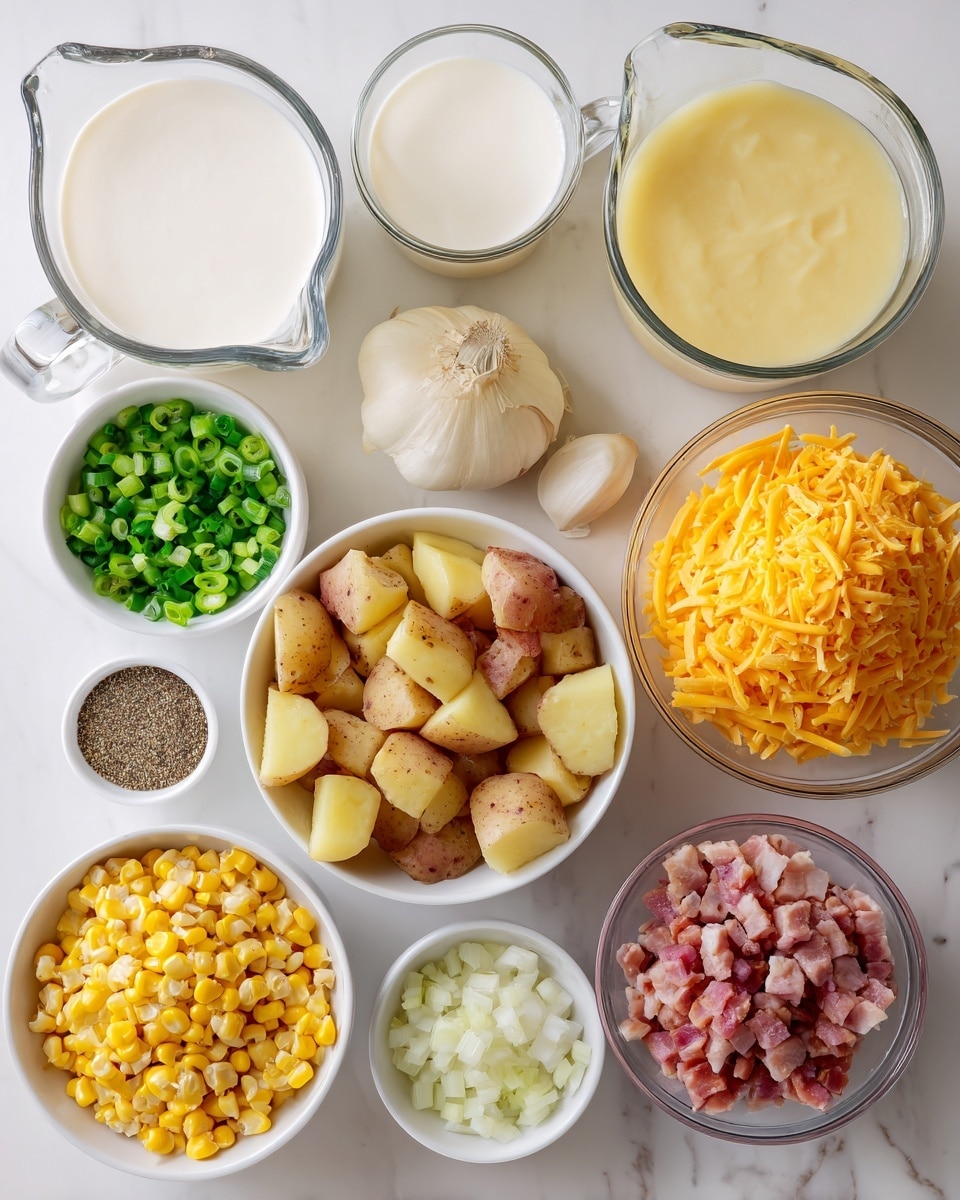 The image shows a top view of different ingredients placed neatly on a white marbled surface. There are two glass measuring cups at the top, one filled with white cream and the other with light yellow broth. Below them, in the center, is a white bowl filled with chunky light brown potato pieces with skin on. To the right, a clear glass bowl holds a heap of shredded bright orange cheese. To the left of the potato bowl, a small white bowl has chopped green onions, and beside it, another white bowl holds a mix of coarse salt and ground black pepper. Towards the bottom left, a larger white bowl is filled with yellow corn kernels, and to the right, another white bowl contains small pieces of raw bacon with a mix of pink meat and white fat. At the bottom center, a smaller white bowl contains chopped white onions, and above it, another small white bowl holds finely minced garlic. The ingredients are evenly spaced and clearly visible, creating a clean and organized look. photo taken with an iphone --ar 4:5 --v 7