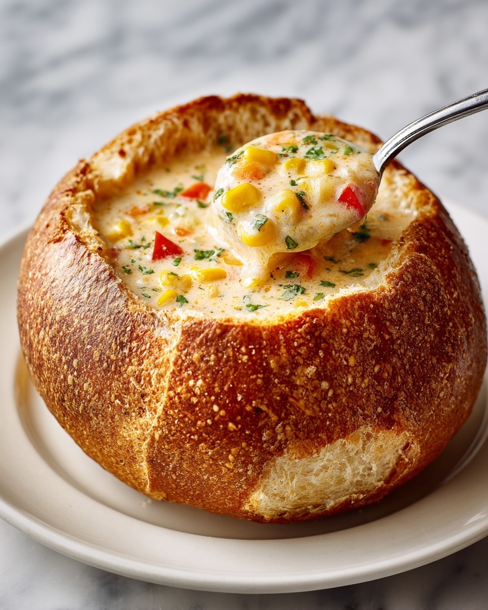A round bread bowl with a golden-brown crust sits on a white plate, filled with a thick creamy soup. The soup is light beige with visible small pieces of yellow corn, red peppers, and green herbs mixed in. A silver ladle with a simple handle is lifting a scoop of the soup from the bread bowl. The background is a white marbled texture, softly blurred to keep focus on the bread bowl and soup. Photo taken with an iphone --ar 4:5 --v 7