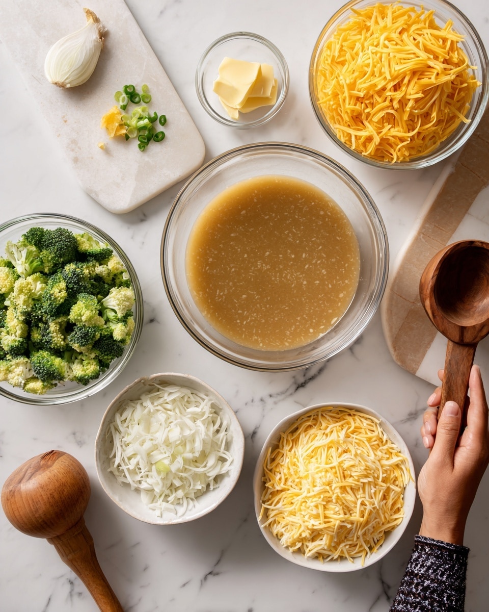 The image shows a white marbled surface with several clear and white bowls arranged neatly. In the center, there is a large clear bowl filled with light brown broth. To the right of it, a white bowl holds bright yellow shredded cheese, while above it, a smaller clear bowl contains yellow cheese cubes. Next to the broth on the left, there is a medium clear bowl filled with finely chopped green broccoli. In the lower left corner, a white bowl is filled with shredded white cheese. On a small white board, pieces of onion and broccoli are placed with a wooden measuring spoon resting nearby. A small glass bowl with white chopped onions and a tiny glass dish holding two pats of yellow butter are also present. A woman’s hand is holding a wooden pestle with a dark round end near the bowls. Photo taken with an iphone --ar 4:5 --v 7