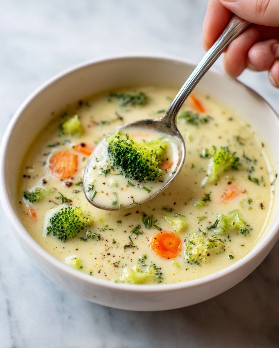 A white bowl filled with creamy soup sits on a white marbled surface. The soup has a thick, smooth texture with specks of black pepper and herbs spread throughout. Inside the soup, there are several small, bright green broccoli pieces and thinly sliced orange carrot rounds floating near the surface. A spoon is dipped into the soup, held by a woman's hand, with the spoon’s shiny metal handle visible. The overall color of the dish is a soft creamy white with colorful vegetable pieces adding contrast, giving a fresh and comforting look. photo taken with an iphone --ar 4:5 --v 7